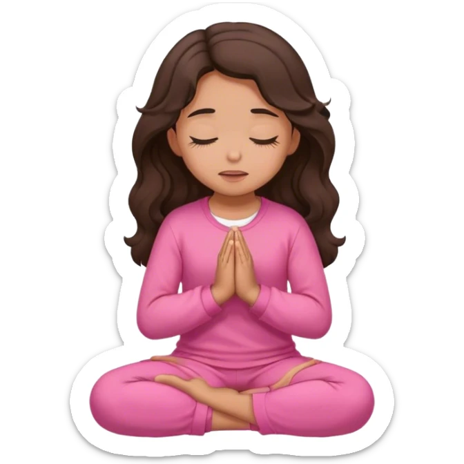 Girl with wavy dark brown hair and slight tan skin praying with a pink outfit on her knees with her eyes closed  sticker