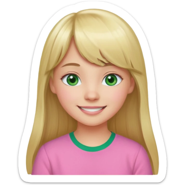 Menina branca de cabelo loiro longo de franja na testa sorrindo blusa rosa olho verde sticker