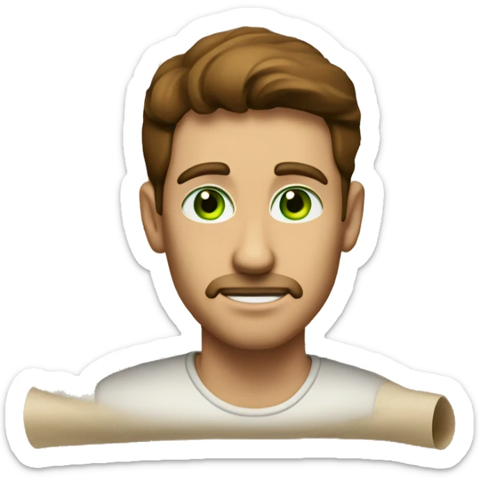 a light-skinned green-eyed man with brown hair sitting in front of the paper scroll  sticker