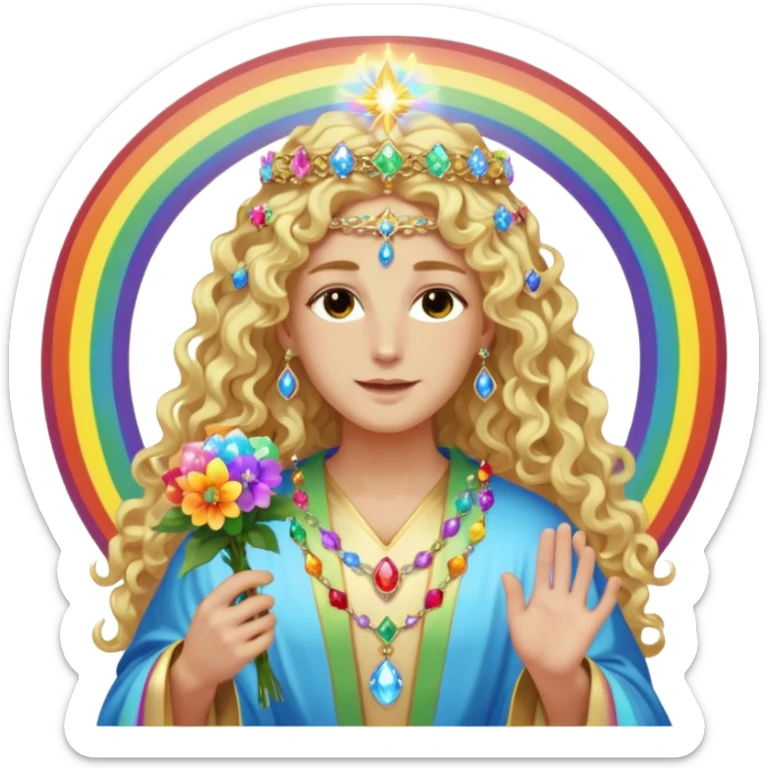 a being made of light pleidian nordic long faces and curly huge thick blond hair but beautiful features of light wearing jewels and a rainbow halo like a saint arount her a robe on made of light and gem  transparent belly dancer and who is lanky holding a bouquet of crystal flowers on rainbow fire sticker