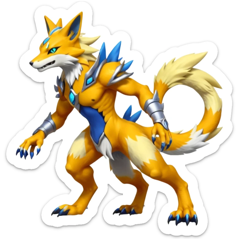 Feral Quadrupedal Digitigrade Renamon-Zeraora-Vernid-Sergal-fusion-hybrid-creature, full body  sticker