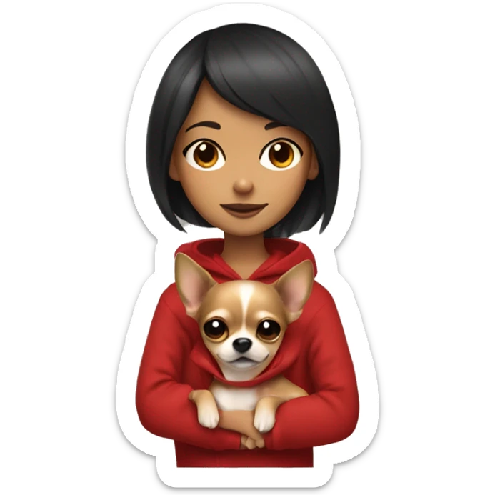 A girl with brown eyes and dark brown hair in red hoodie and bangs covering her forehead hugs Chihuahua  sticker