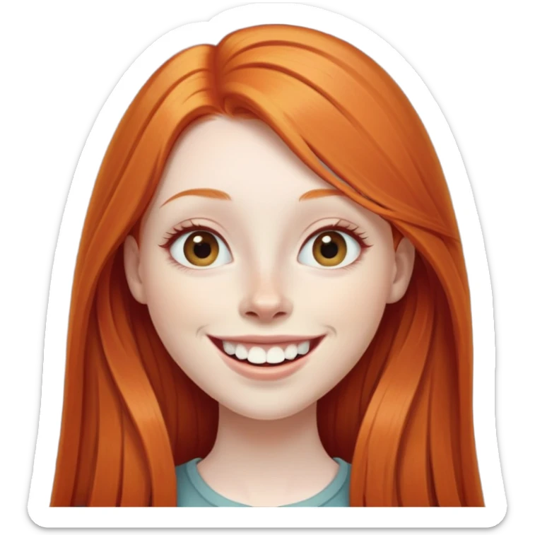 traditional emoji of young girl with very pale skin, long straight bright ginger red hair, elongated almond-shaped eyes, long nose, big smile with large prominent teeth showing, classic round face sticker