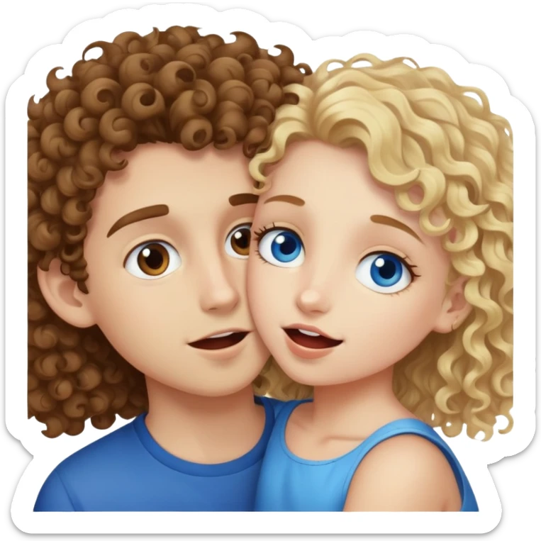 brown hair curly girl with brown eyes bititng a blonde boy with blue eyes sticker