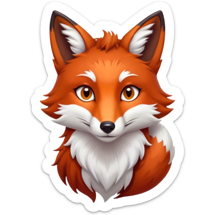 Cinematic Noble Fox Portrait Emoji, Poised and regal, with a lithe, agile build and a lush, fiery red Fur accented by white markings on the chest and tip of the tail, deep-set soulful amber eyes, Simplified yet sharp and sophisticated features, highly detailed, glowing with a warm, dignified glow, high shine, intelligent and cunning, stylized with an air of wild elegance, focused and attentive, soft glowing outline, capturing the essence of a watchful and confident forest wanderer, so majestic it feels as though it could dash out of the screen with effortless authority! sticker