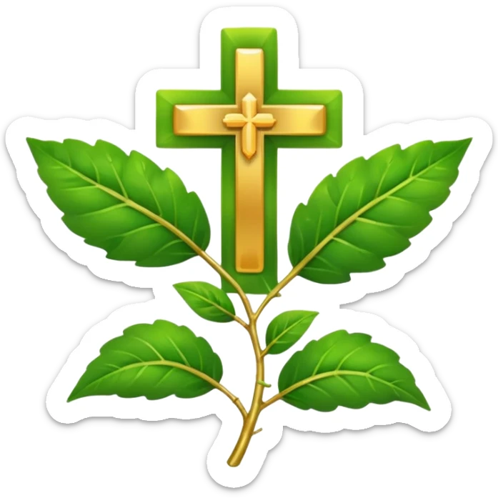 "A clean, friendly emoji of three vibrant green Tulsi (Holy Basil) leaves centered over a small, glowing golden cross or 'plus' sign, symbolizing healing. Simple, flat, 32x32 pixel icon style. Transparent background. Icon for natural healing and wellness." sticker