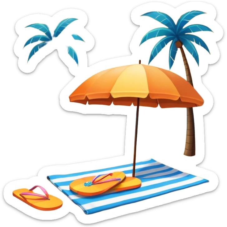 Icon for Beach Tourism: with the blue ocean, orange sunset, yellow sand beach and palm trees in the background, a sun umbrella, flip-flops, and a beach towel on the sand. The icon should represent relaxation and fun at the beach. Transparent background sticker