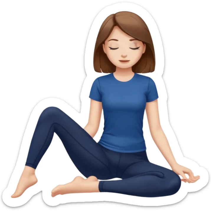 Brown long haired white girl with closed eyes in dark blue leggings and a black t-shirt sits on the splits sticker