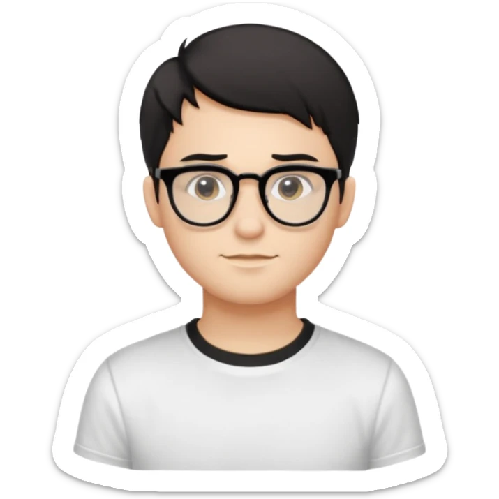 Style anchor + Young adult male American, light-medium skin, short black hair, white crew-neck tee, thin black-rim glasses, friendly neutral. sticker