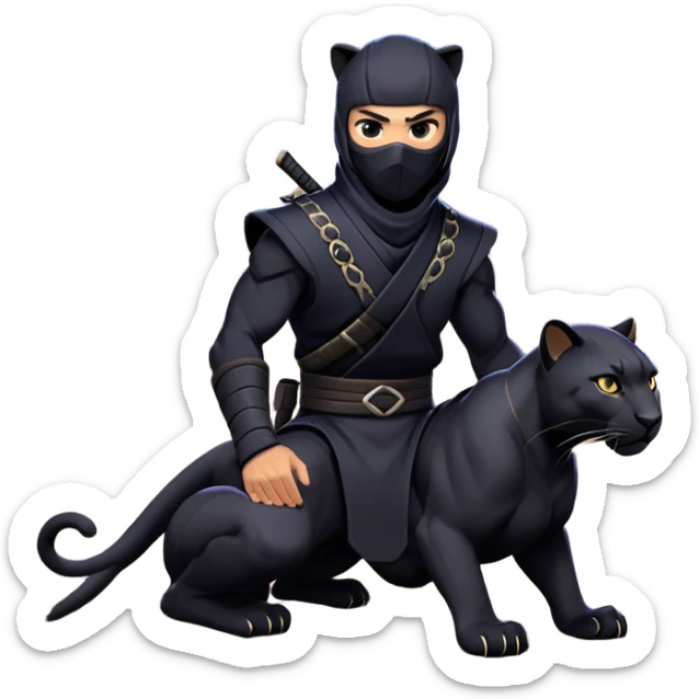 clash-of-clans-aesthetic_-cinematic-mysterious-male-ninja-portrait-emoji, rendered in a flat, vector-style with minimal shading and bold, simplified shapes, with a head slightly turned revealing intense, focused eyes, perched atop a sleek, agile panther with glossy fur moving silently through shadowed urban rooftops and moonlit alleyways. sticker
