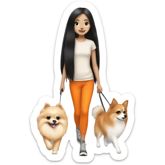 pale girl with long black hair walking with orange pomeranian sticker