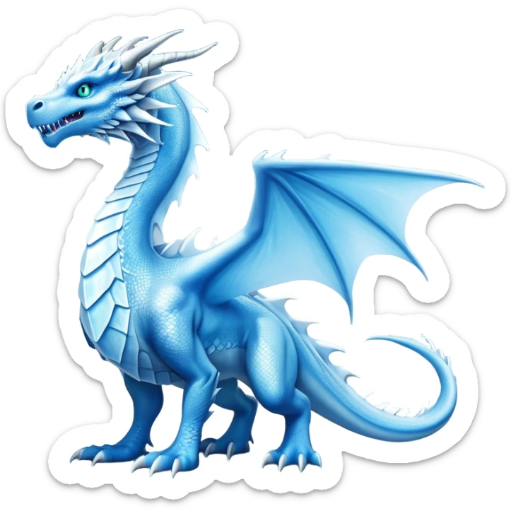 Cinematic Noble very elegant Ice Dragon full body  Emoji, Poised and imposing, distinct long elegant snout, with a slender, scaled body shimmering in glacial hues of icy blue, frostbitten silver, and crystalline white, breathing out frost, with piercing, glowing ice blue white eyes that radiate the chilling depths of an arctic storm; rendered in detail. excuding wisdom sticker
