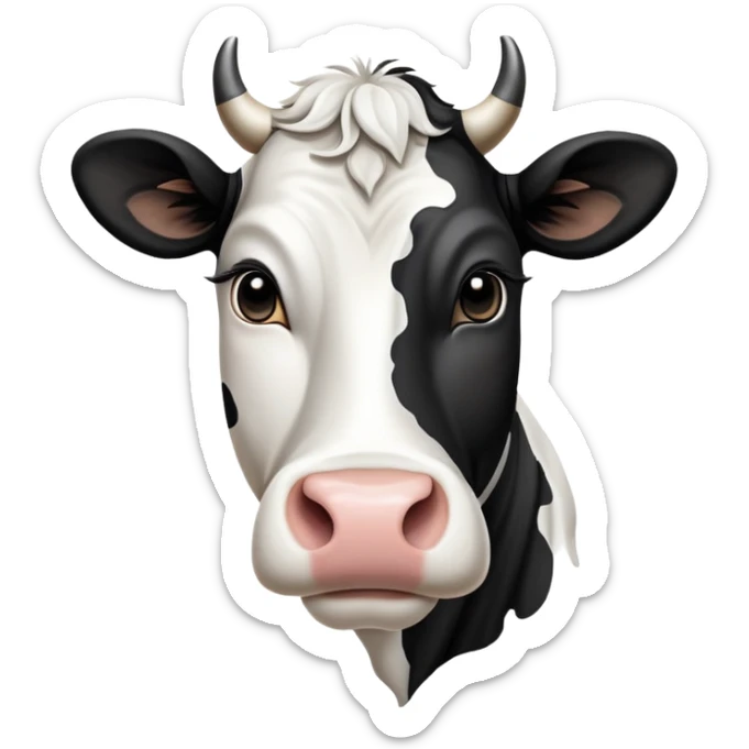 cinematic-noble-black-and-white-cow-portrait-emoji,-poised-and-regal,-with-a-large,-sturdy-build-and-a-beautifully-patterned-hide-of-rich-black-accented-by-crisp-white-patches,-deep-set-soulful-brown-eyes,-simplified-yet-sharp-and-sophisticated sticker