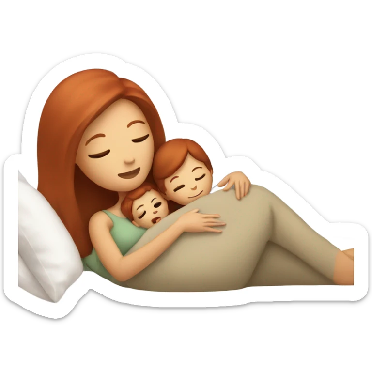 A mother with red hair cuddling her child (brown hair) in bed sticker