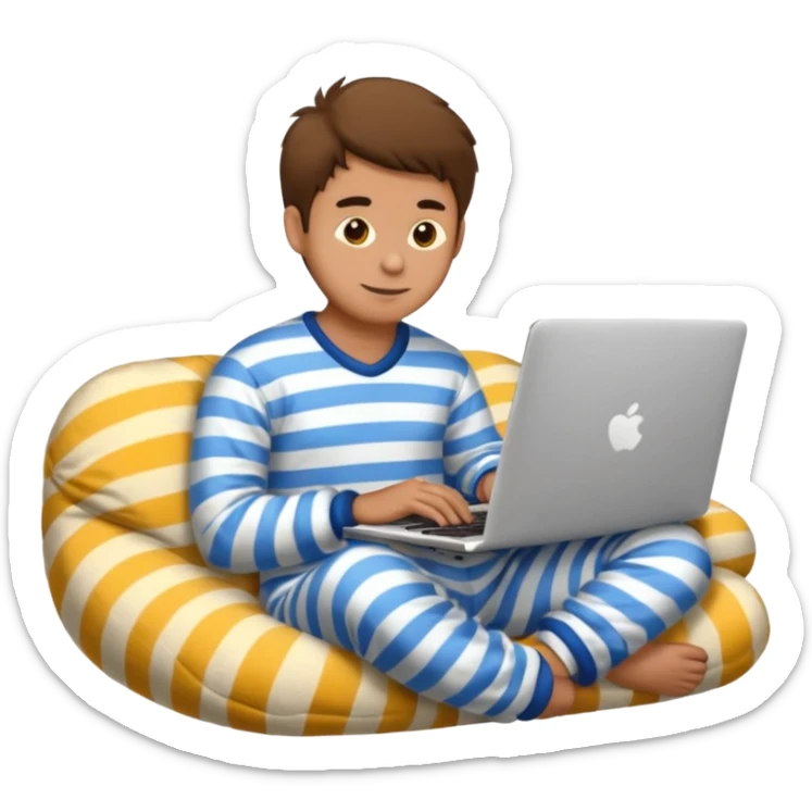 man in striped pajamas and fuzzy slippers typing on a laptop, emoji style sticker