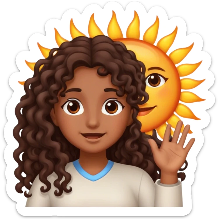 Brown girl with dark brown long curly hair saying good morning with the sun sticker