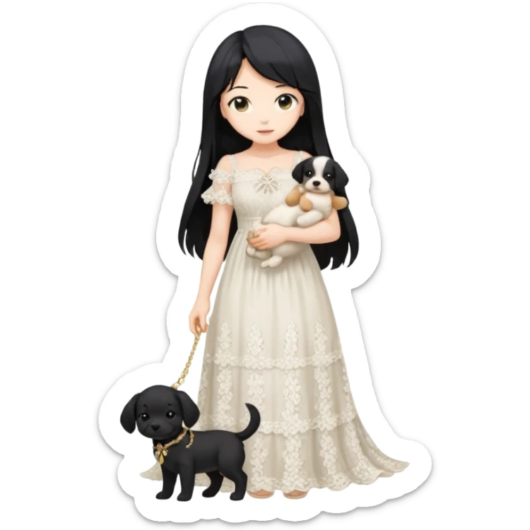 Pastel anime lady long hair with long lace dress full body holding puppy sticker