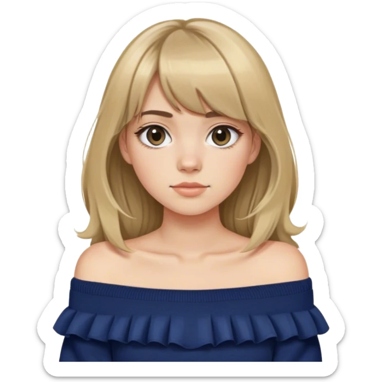 girl with dirty blonde hair and curtain bangs and navy blue off the shoulder sweater sticker