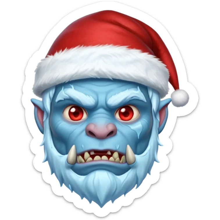 Fantasy orc portrait emoji, Santa Claus hat with icy texture, frozen scar glowing deep red against icy blue skin tones, primal winter survival theme, restrained detail, clean readable emoji style, male/female variant
 sticker