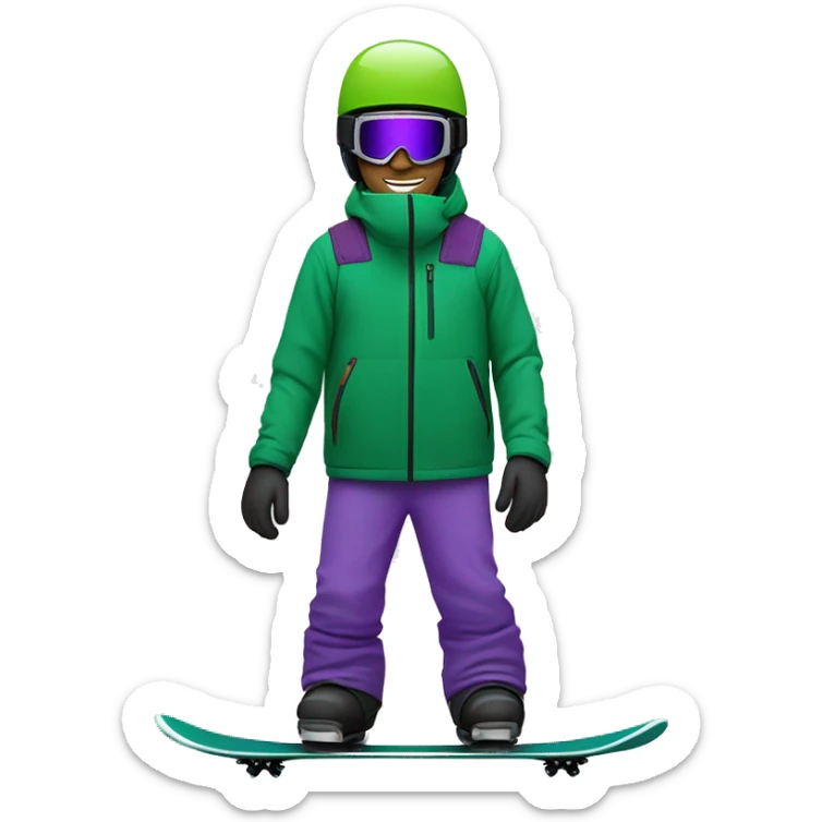 White male snowboarder with a green jacket, large ski goggles, a helmet, and a purple snowboard sticker