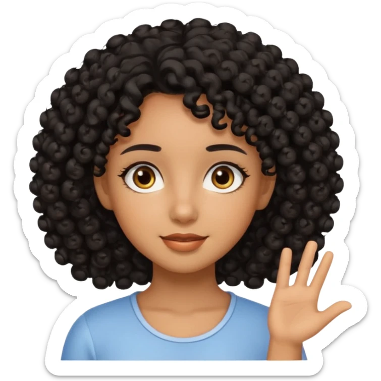 Uma menina de cabelo cacheados preto morena com os olhos puxados olhos castanhos dando bom dia sticker