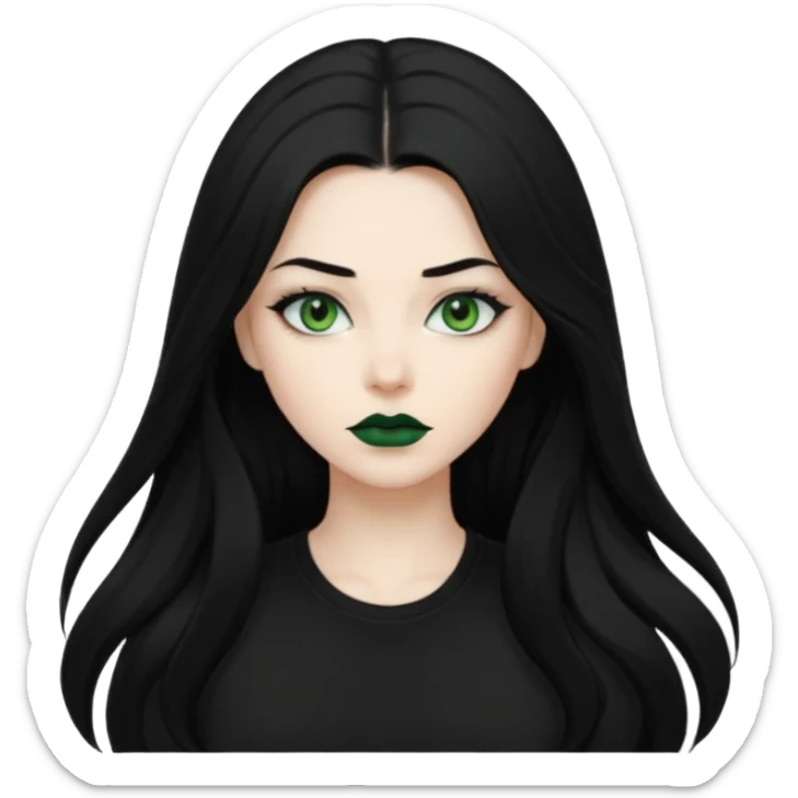 Black haired woman, green eyes, black lipstick, white skin, black t shirt, sharp face, long hair sticker
