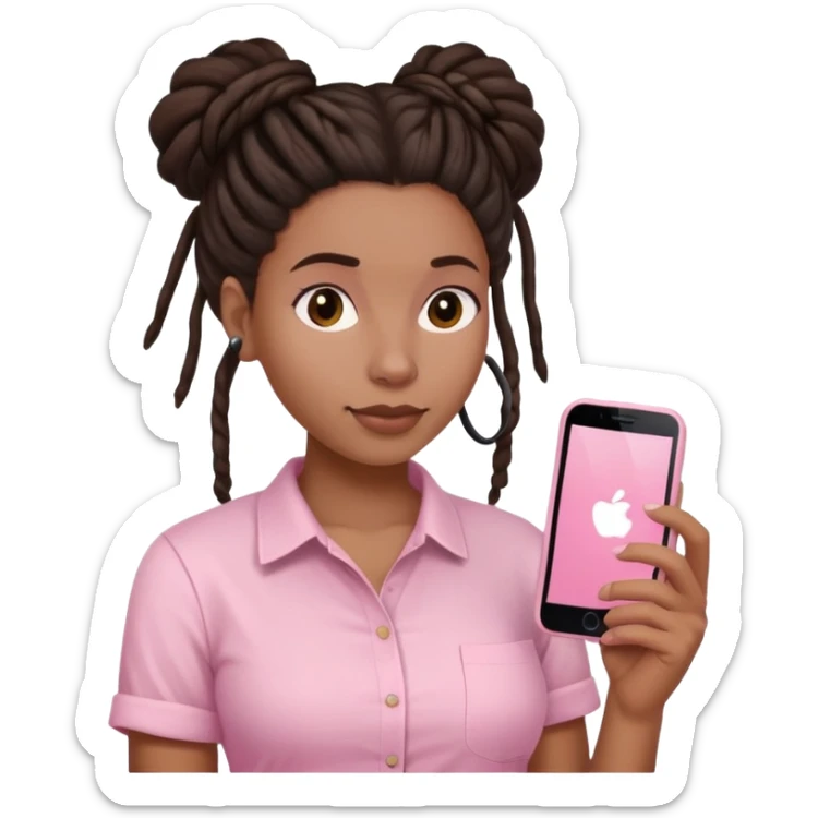 Dark brown woman with dreadlocks in bun Light pink shirt with a light pink phone in her hand sticker