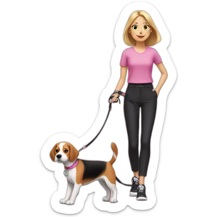 A blonde girl, in a pink blouse and black trousers, in sneakers, leads one beagle dog on a leash sticker