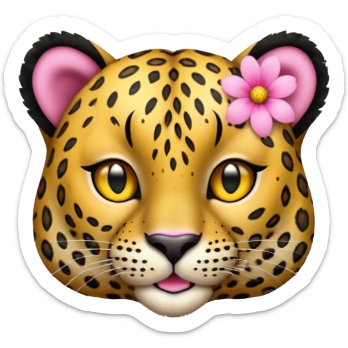 A leopard with mouth closed, A pink flower with a yellow center is tucked behind its right ear
 sticker