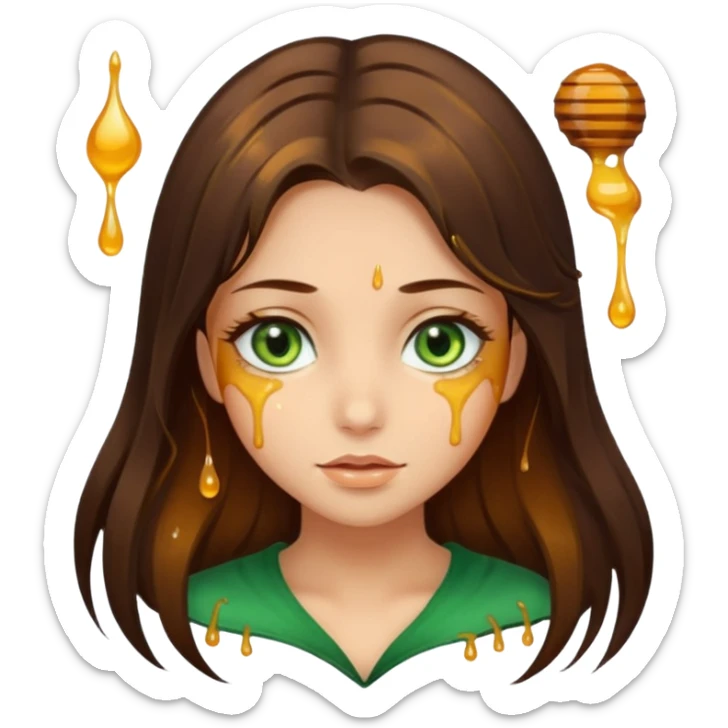 Pretty girl, with dark brown honey hair and green eyes and hair strands dripping with honey sticker
