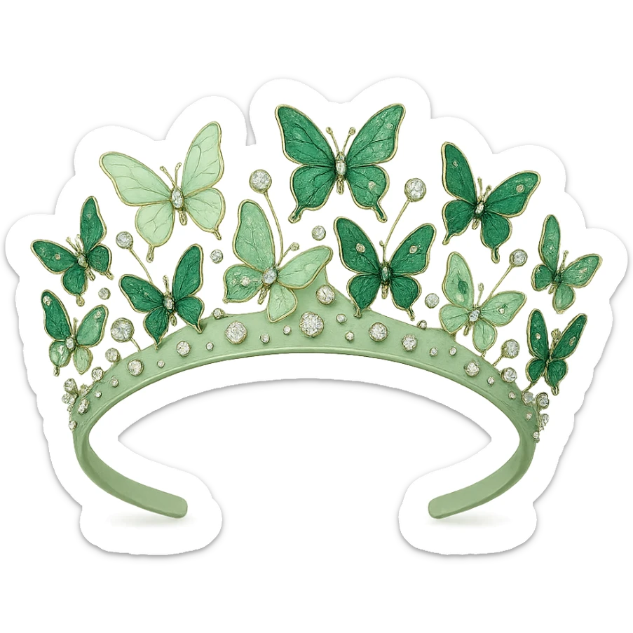 butterfly crown with a soft green base, butterflies in light and dark green enamel, sparkling gems sticker