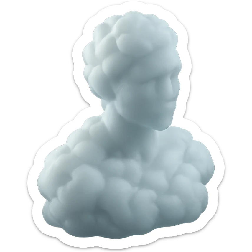 silhouette of a white person facing forward up to the shoulders, entirely made of fluffy voluminous clouds, matte glass style sticker