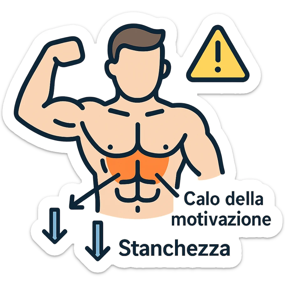 infografica in italiano, bodybuilder con zona bassa del busto evidenziata in arancione, frecce che indicano Calo della motivazione e Stanchezza, simbolo di attenzione, stile medico, sfondo bianco sticker