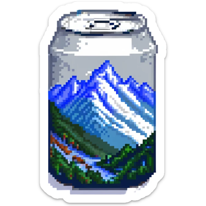 a can of Busch beer, pixel art style, blue and silver colors, simple mountain design sticker