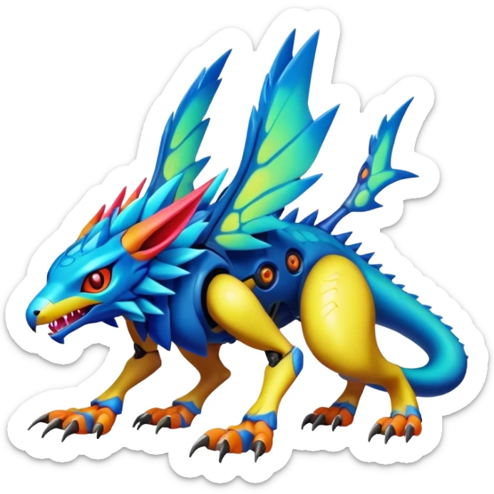  colorful warm modern cyber-Fakémon-Digimon-Trico-Vernid-creature (full body) sticker