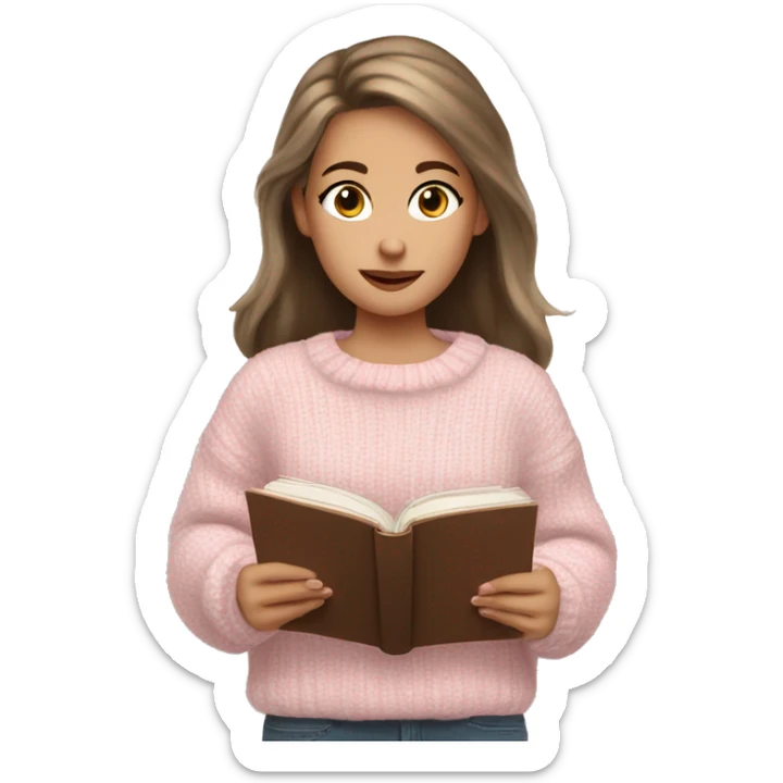 Pretty brown eyed white girl with light pink sweater reading cozy sticker