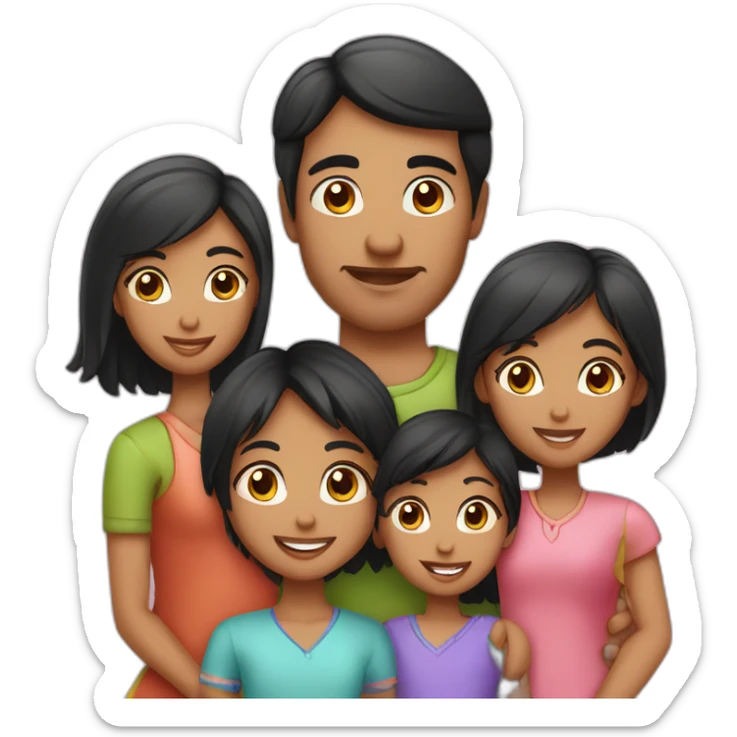 Indian family of 4 people, dad black hair, mom black hair, 1 girl child and 1 boy child and 1 daughters at home sticker