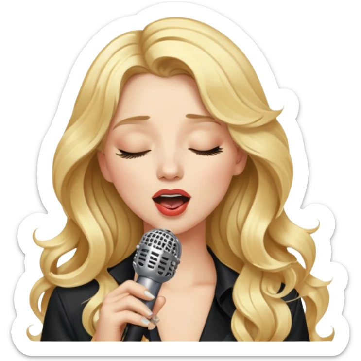 An emoji of a blonde female singer. She has long, wavy golden hair and holds a microphone while singing. Her expression is passionate, with eyes closed or looking confident. A glamorous and stylish look, resembling a pop star or diva sticker