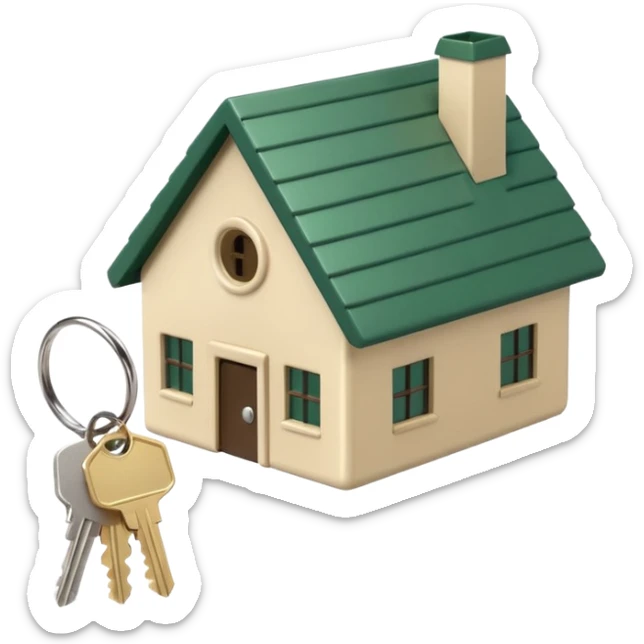 a bunch of new keys on a ring, with a keychain in the shape of a small house, light beige color with a dark green roof, emoji style sticker