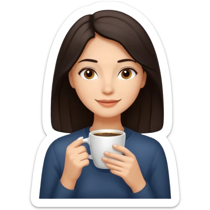 Calm and confident woman with dark shoulder-length hair, warm skin tone, soft features. Sitting by a window, peacefully sipping coffee with a gentle smile. Relaxed, natural vibe. sticker