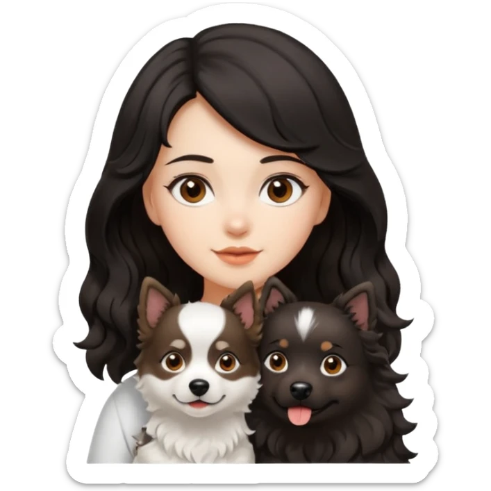 Brown eyed girl with black wavy medium length hair with spitz white dog  sticker