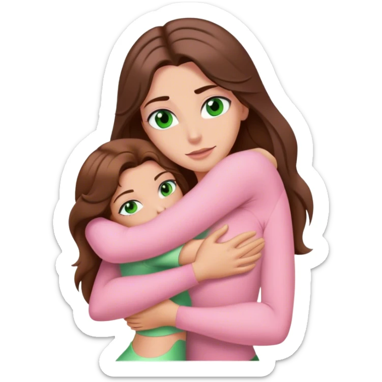 white woman with very long brown hair and green eyes in a light pink outfit hugging Gaston sticker