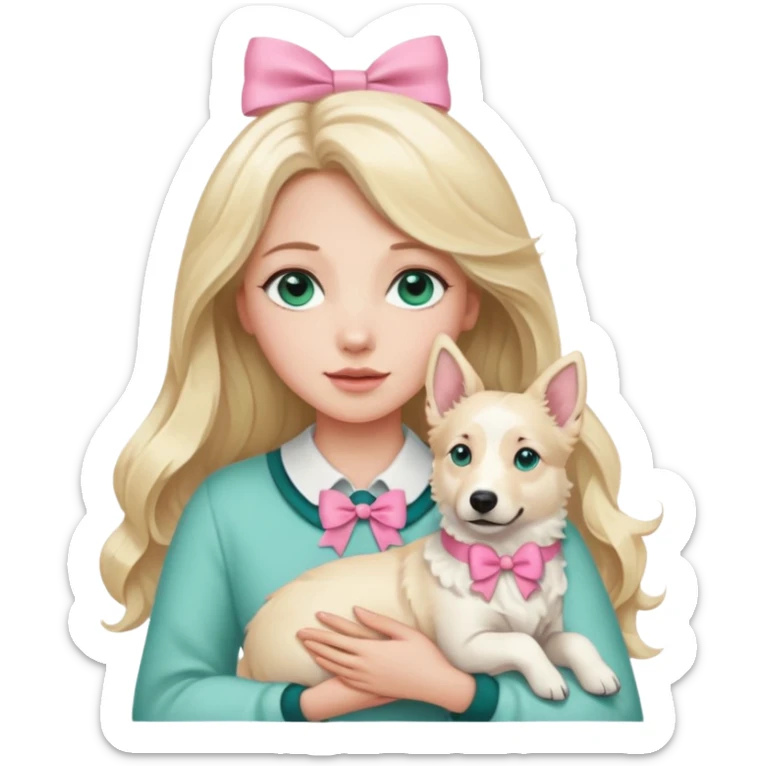 A white Long Wave blonde Hair Woman with blue-green eyes, with a Brown eyed White Shepard  in the arm ,the dog has a little bit beige in then end of the ears and a pink bow in neck . sticker