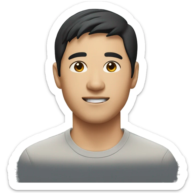 A head and shoulders shot of a 34 year old Asian man, with short black hair,   with brown eyes wearing a t-shirt. sticker