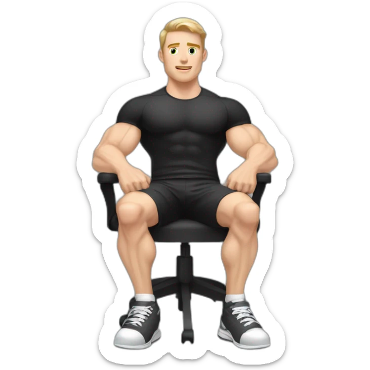 Pale skinned Fit Man With the biceps and dark brown hair in black shirt, gray sports shorts and white Sneakers Sitting on a chair sticker