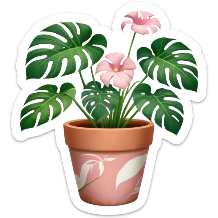 monstera plant in a plant pot in terra cota with white and pink flowers hand painted on the pot  sticker