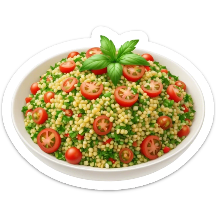 Cinematic Realistic Tabbouleh Salad Dish Emoji, showcasing a fresh herbaceous salad with bulgur, tomatoes, and parsley rendered with crisp textures and natural, vibrant lighting. sticker