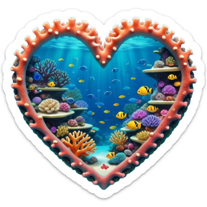 Cinematic Realistic Heart Reef Landscape Emoji, depicted with a naturally heart‚Äêshaped coral formation in vibrant marine hues, rendered with detailed underwater textures and luminous lighting. sticker