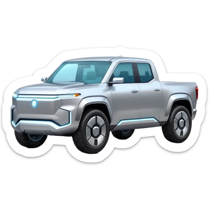 A futuristic electric pickup truck emoji, silver chrome body, angular cyber design, smooth metallic panels, subtle reflections, minimalistic proportions, iOS emoji style, centered composition, clean white background, soft lighting sticker