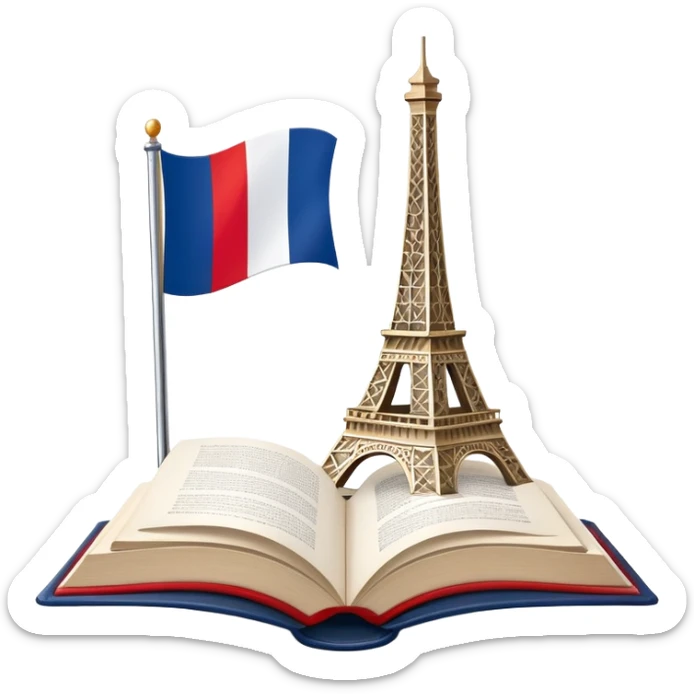 An icon featuring the Eiffel Tower and the flag of France, symbolizing the French language. The design includes an open book with French text, representing language learning and French culture. Transparent background highlights the elegance of the French-speaking world. sticker